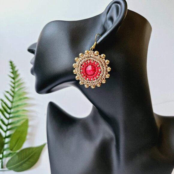 2/$27 | Gold + Red Shield Beaded Indigenous Hoop Earrings | Handmade - Picture 2 of 5
